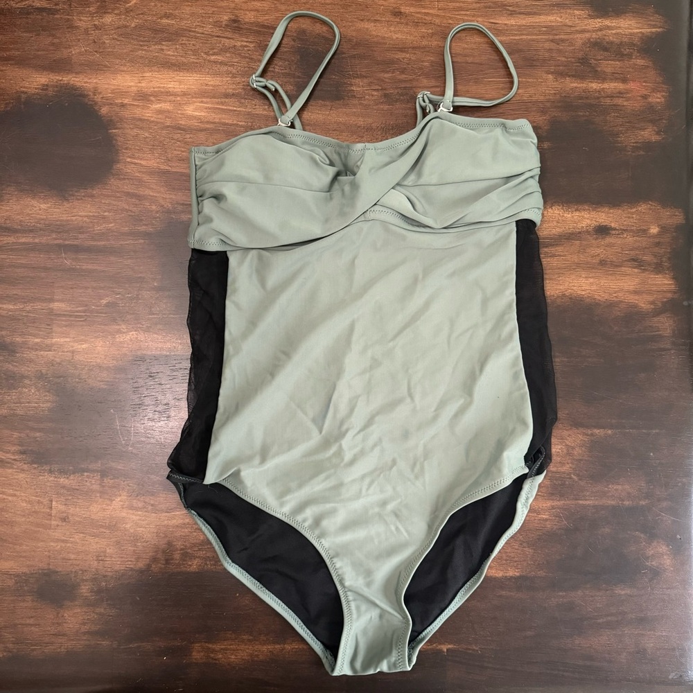 Army green and black mesh one piece swimsuit size medium